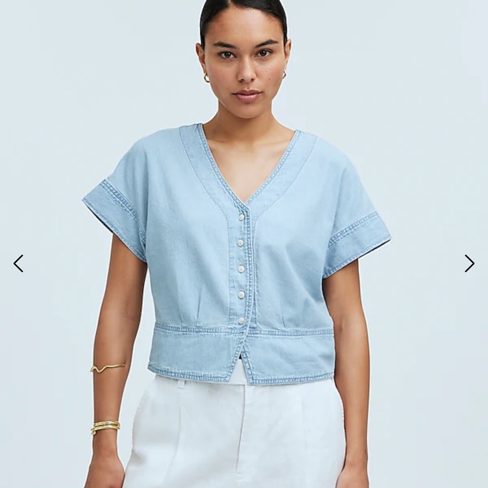 NWT Madewell Denim Pleated Short Sleeve Top